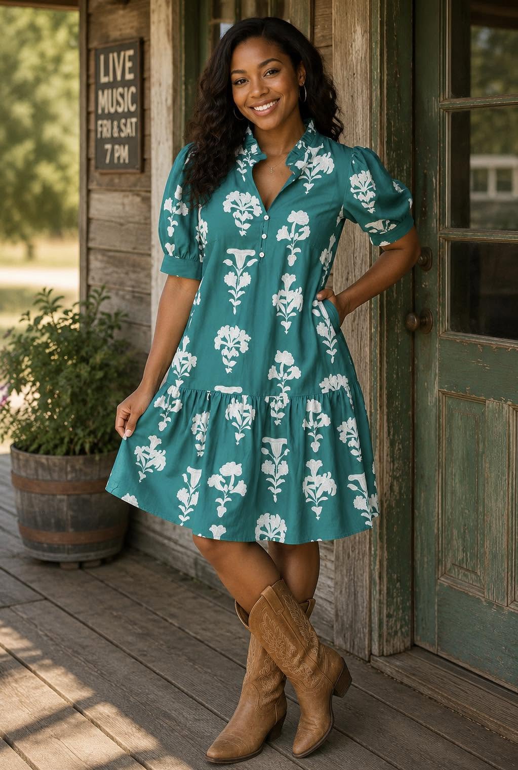 Green Frilled Floral Mini Dress