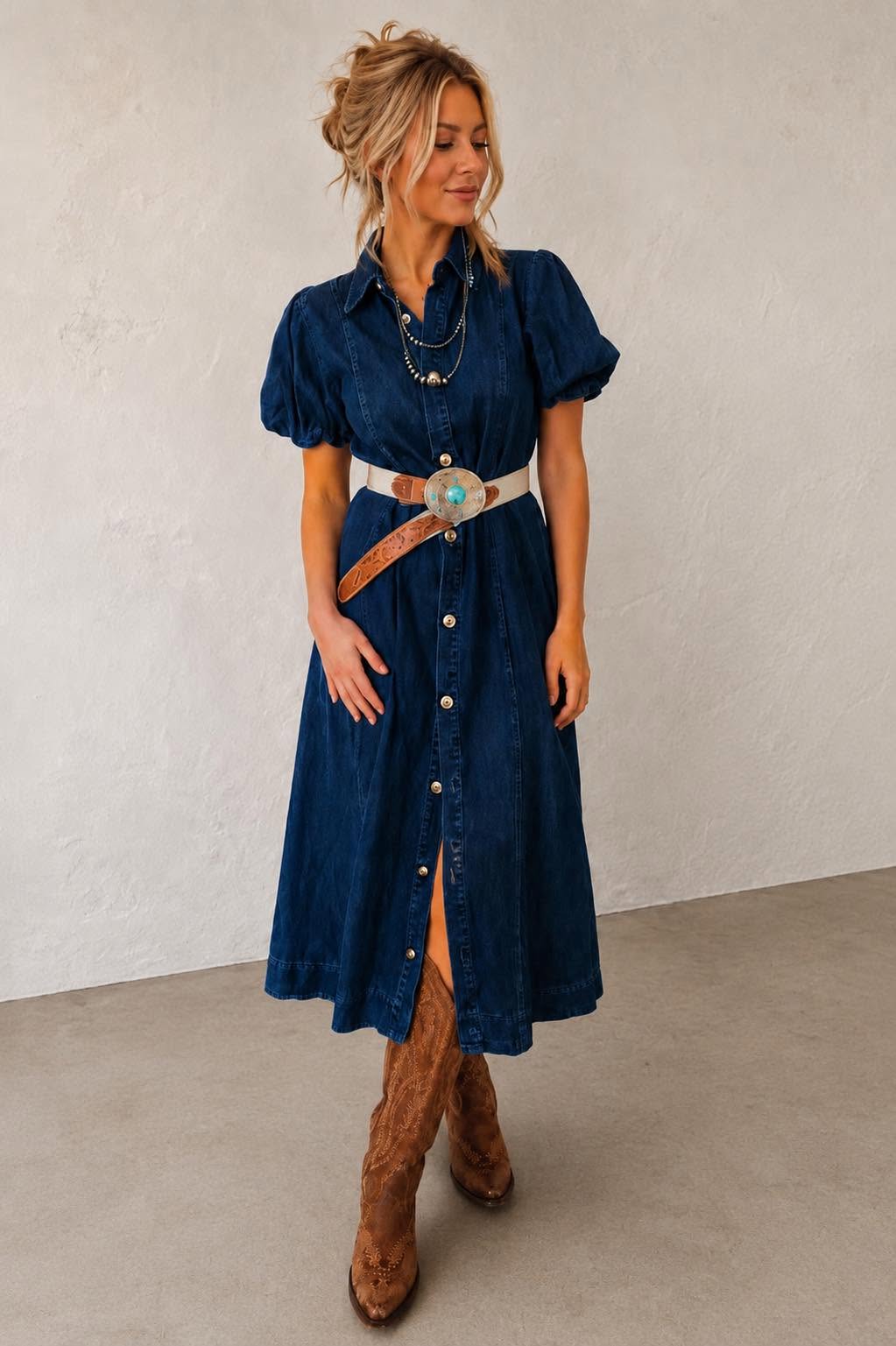 Bubble Sleeve Long Denim Dress