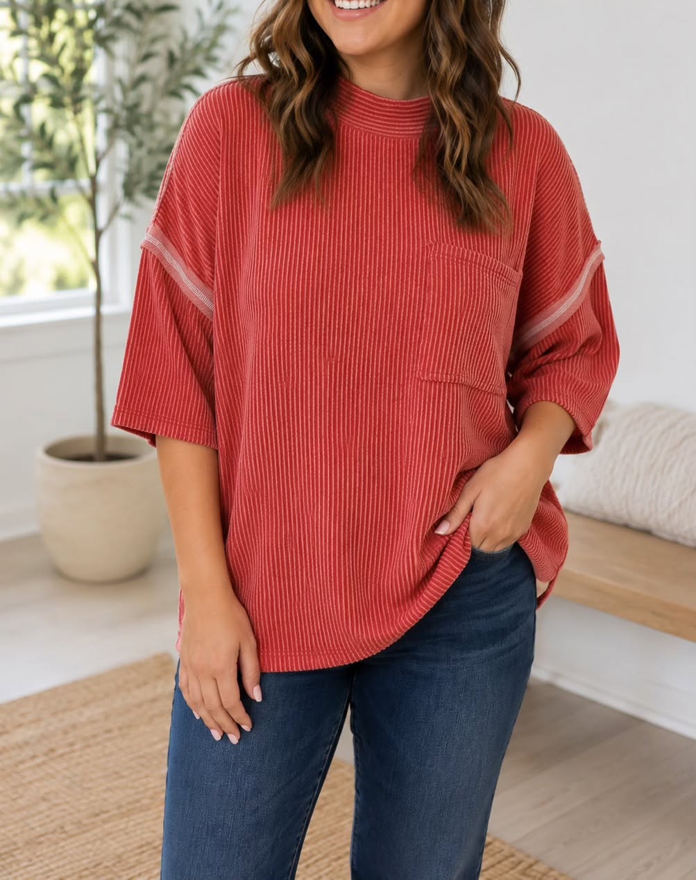 PLUS Red Ribbed Blouse