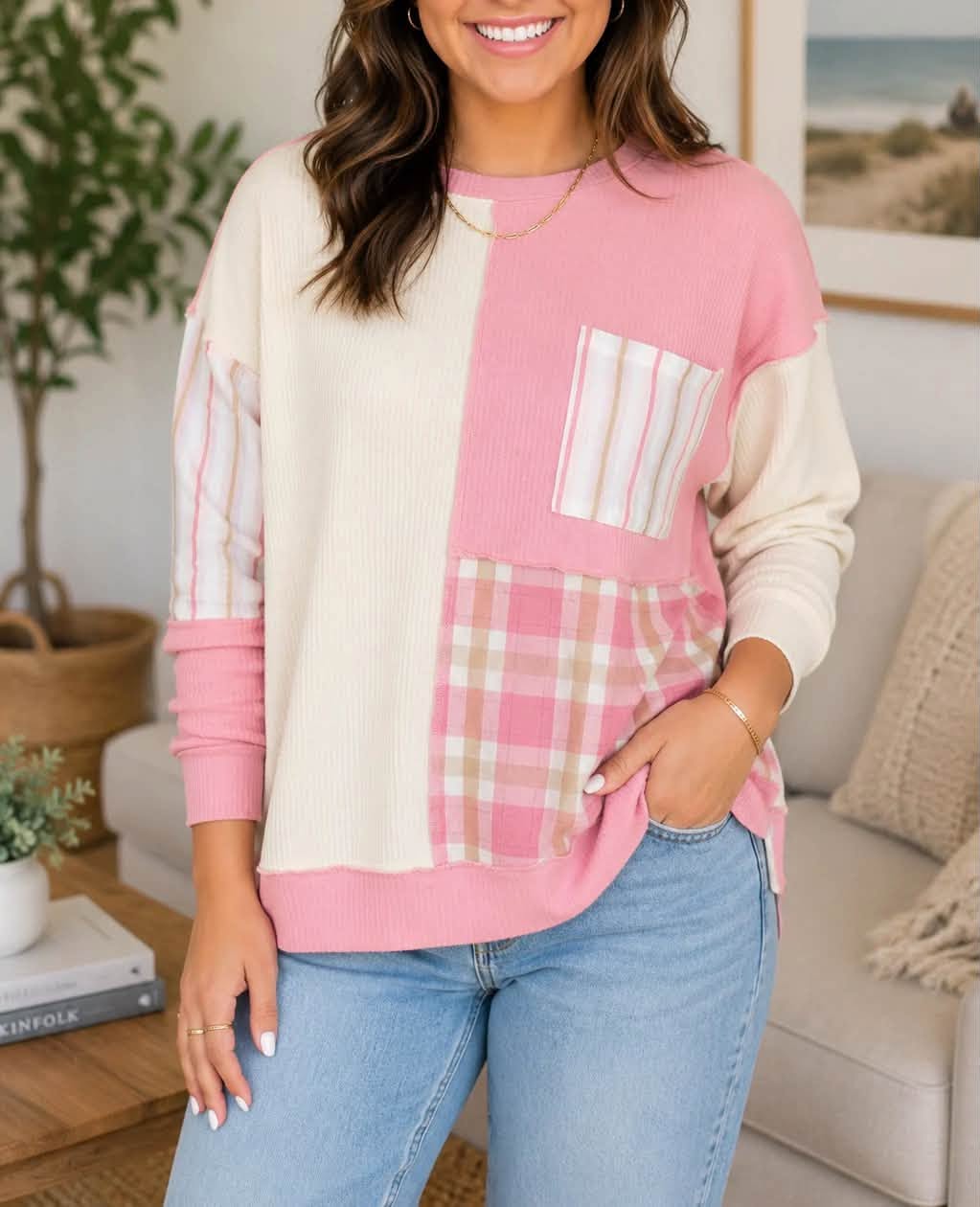 PLUS Pink Colorblock Plaid Blouse