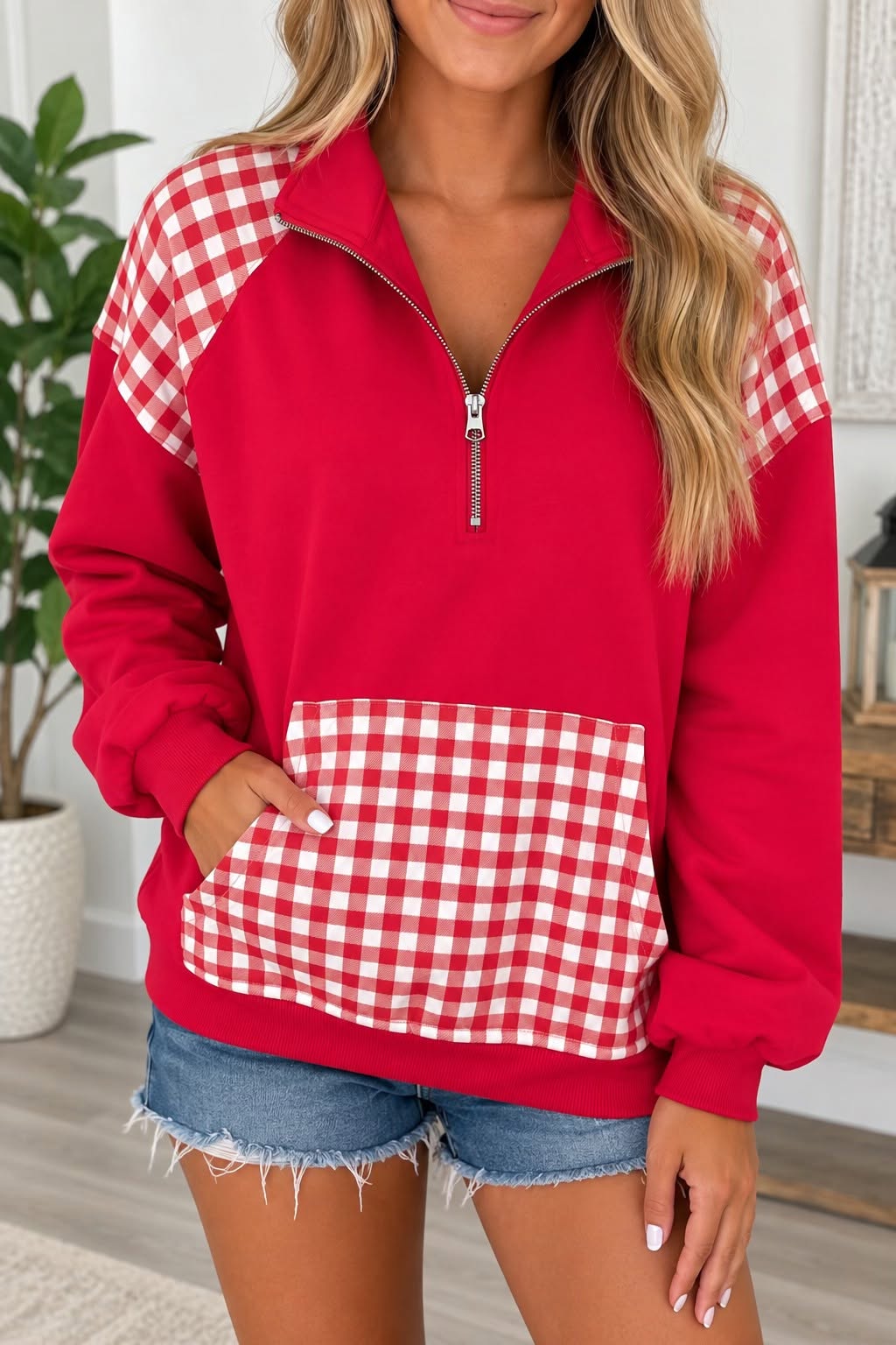 Red Patchwork Plaid Sweatshirt