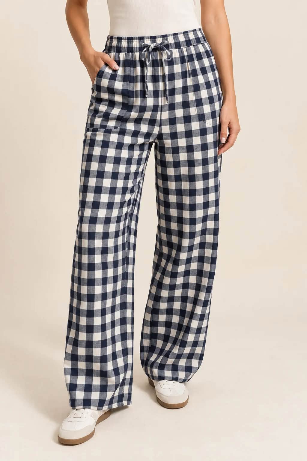 Blue Gingham Tie Waist Pants