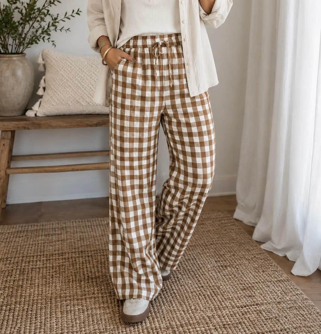Brown Plaid Elastic Pants