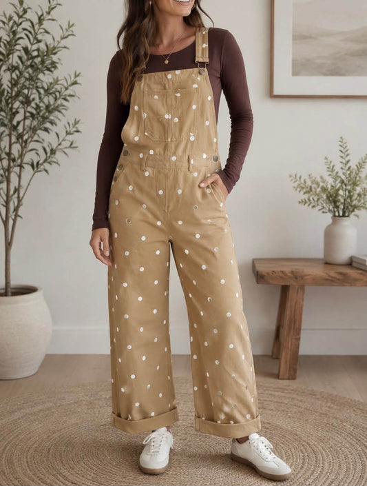 Beige Polka Dot Denim Overalls