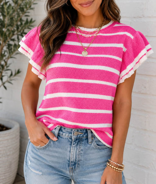 Rose Stripe Ruffle Sweater
