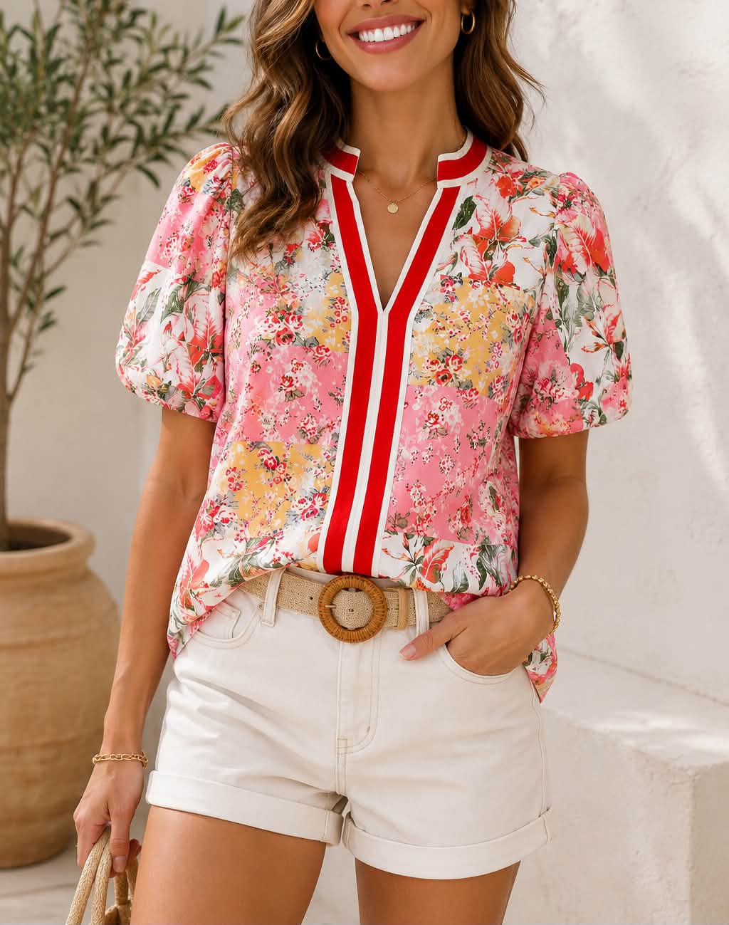 Pink V Neck Floral Blouse