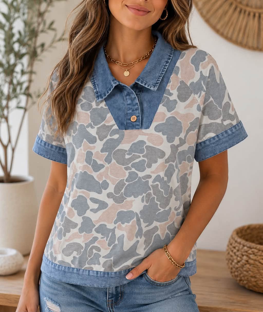 Camo Denim Polo Top