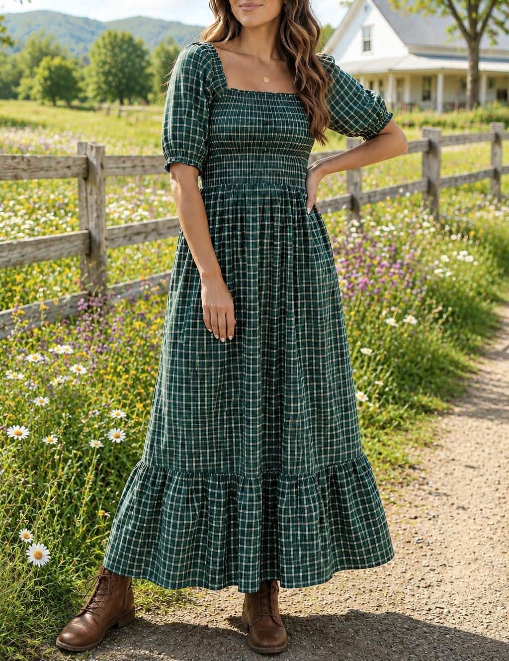 Green Plaid Ruffle Dress