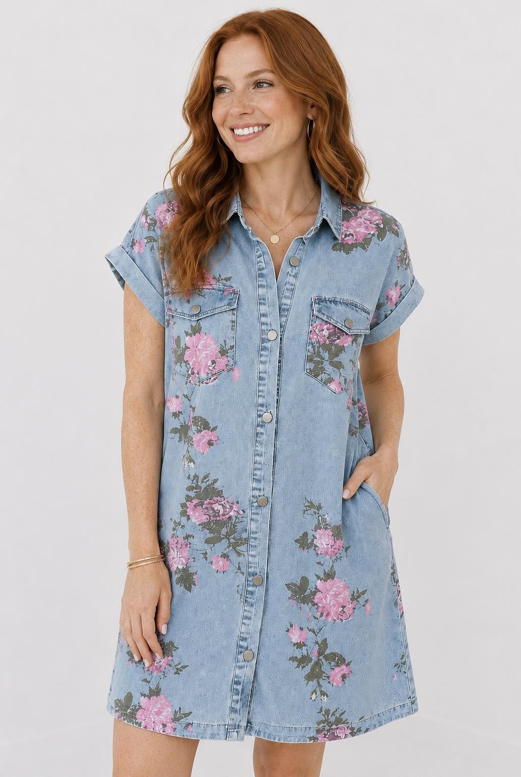 Denim Floral Button Dress