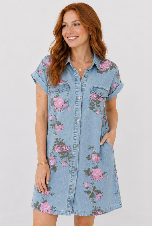 Denim Floral Button Dress
