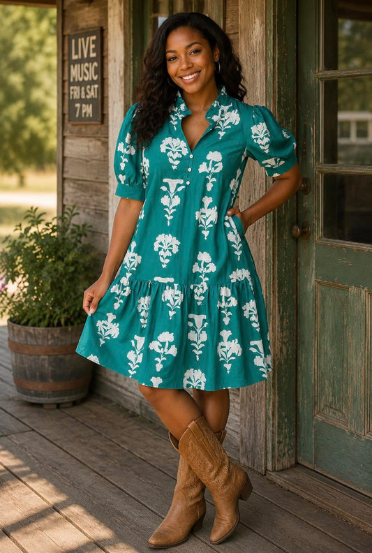 Green Frilled Floral Mini Dress