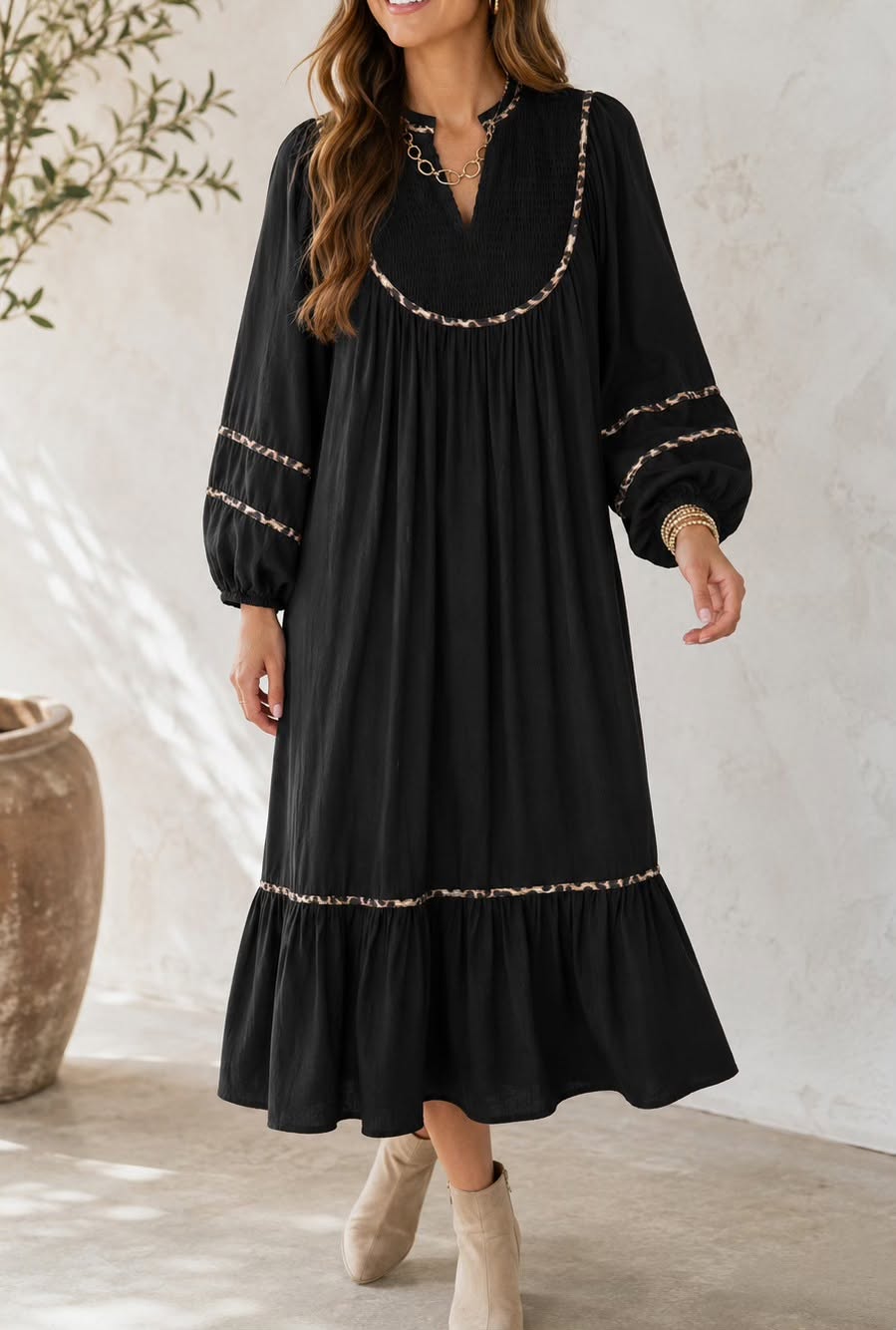 Black Leopard Trim Casual Dress