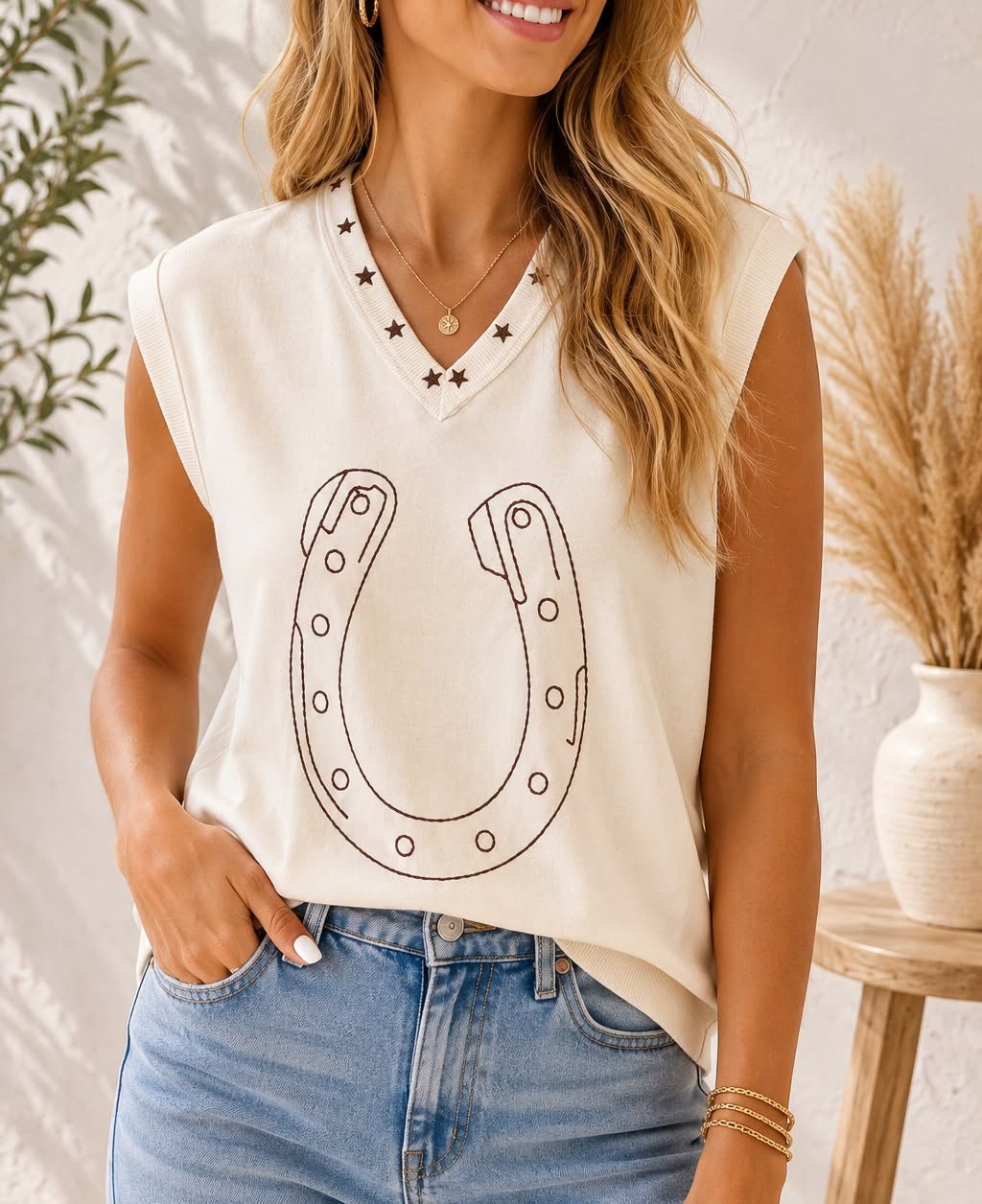 White Horseshoe Knit Top