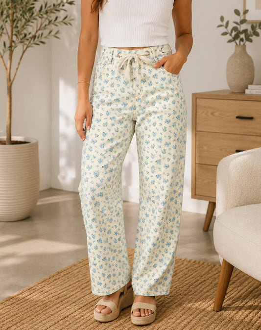 Beige Floral Knot Barrel Jeans