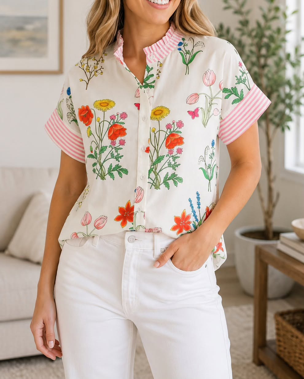 Beige Floral Ruffled Shirt