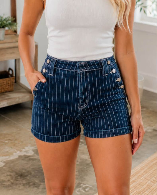 Blue Stripe Denim Shorts