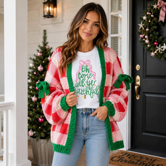 Pink Plaid Bowknot Cardigan