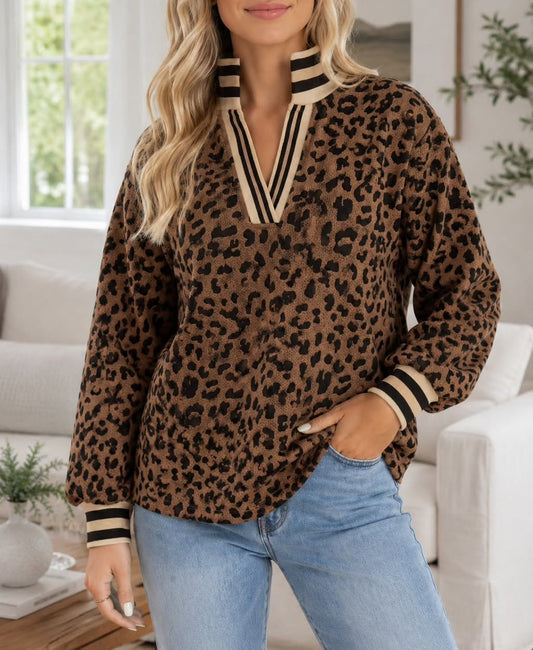 Leopard Striped Trim Pullover