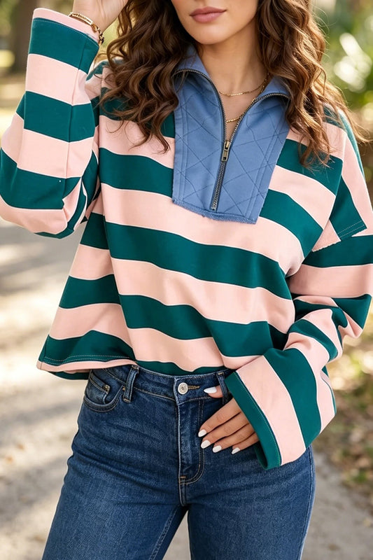 Green Stripe Quarter Zip Top