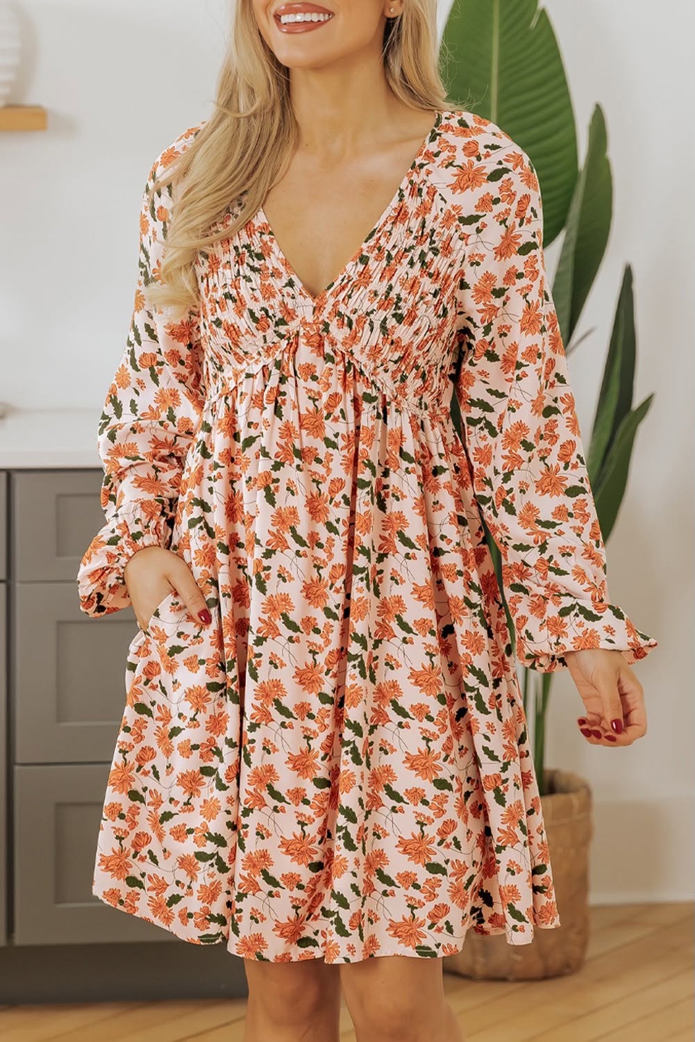 S-4X Beige Floral Babydoll Dress