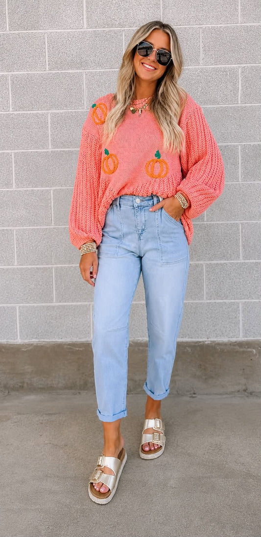 Pumpkin Embroidery Sweater Outfit