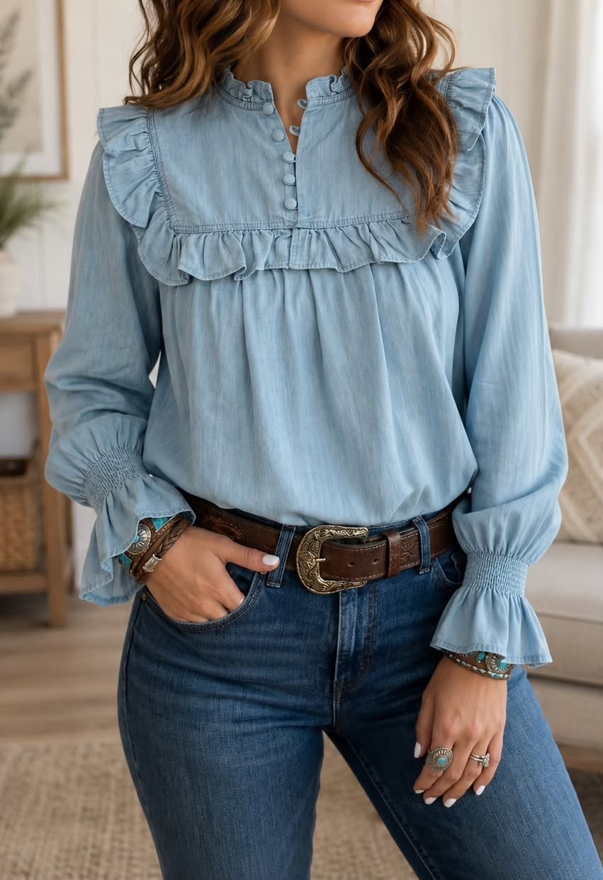 Blue Western Ruffle Blouse