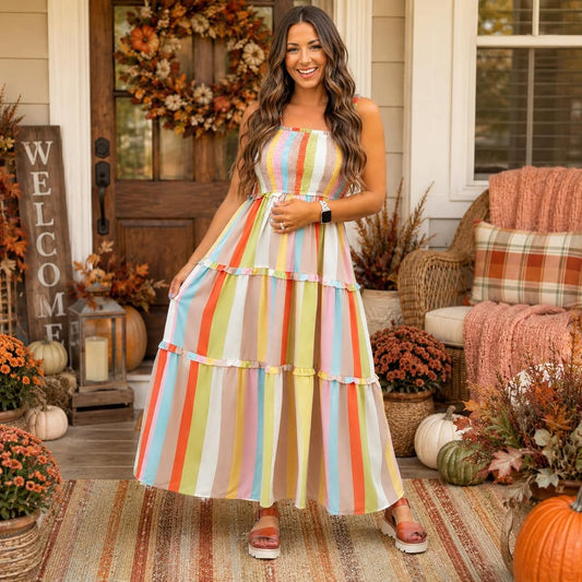 Striped Shirred Maxi Dress