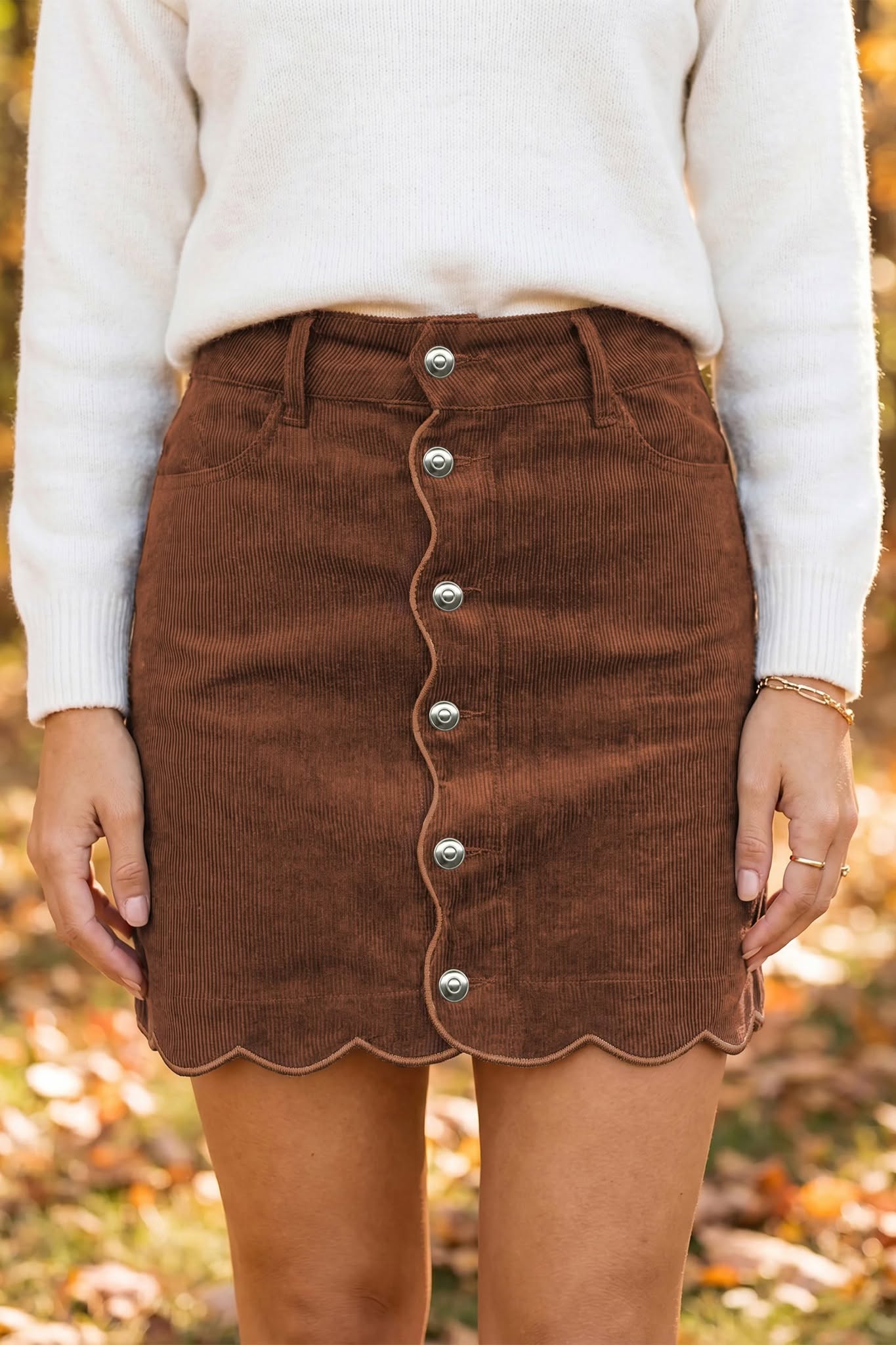 Coffee Button Corduroy Skirt