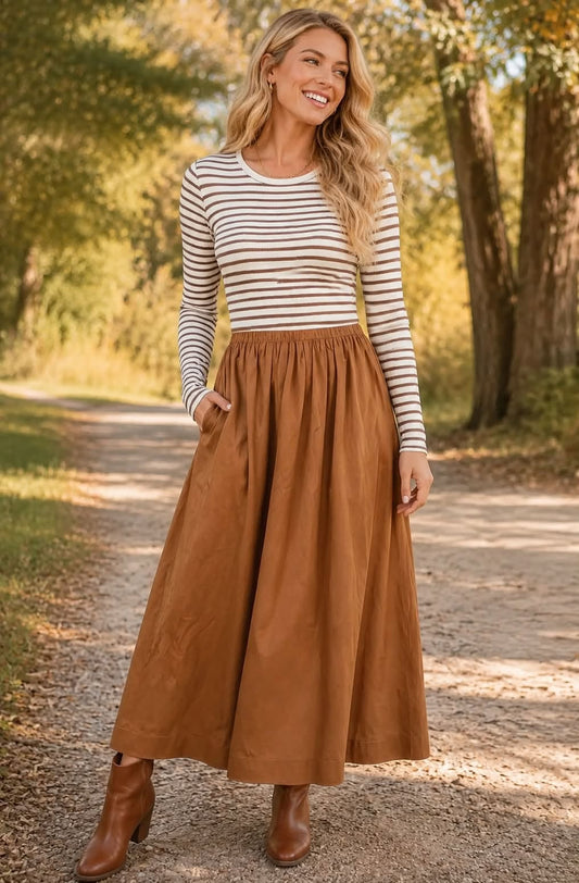 Brown Striped Flare Dress