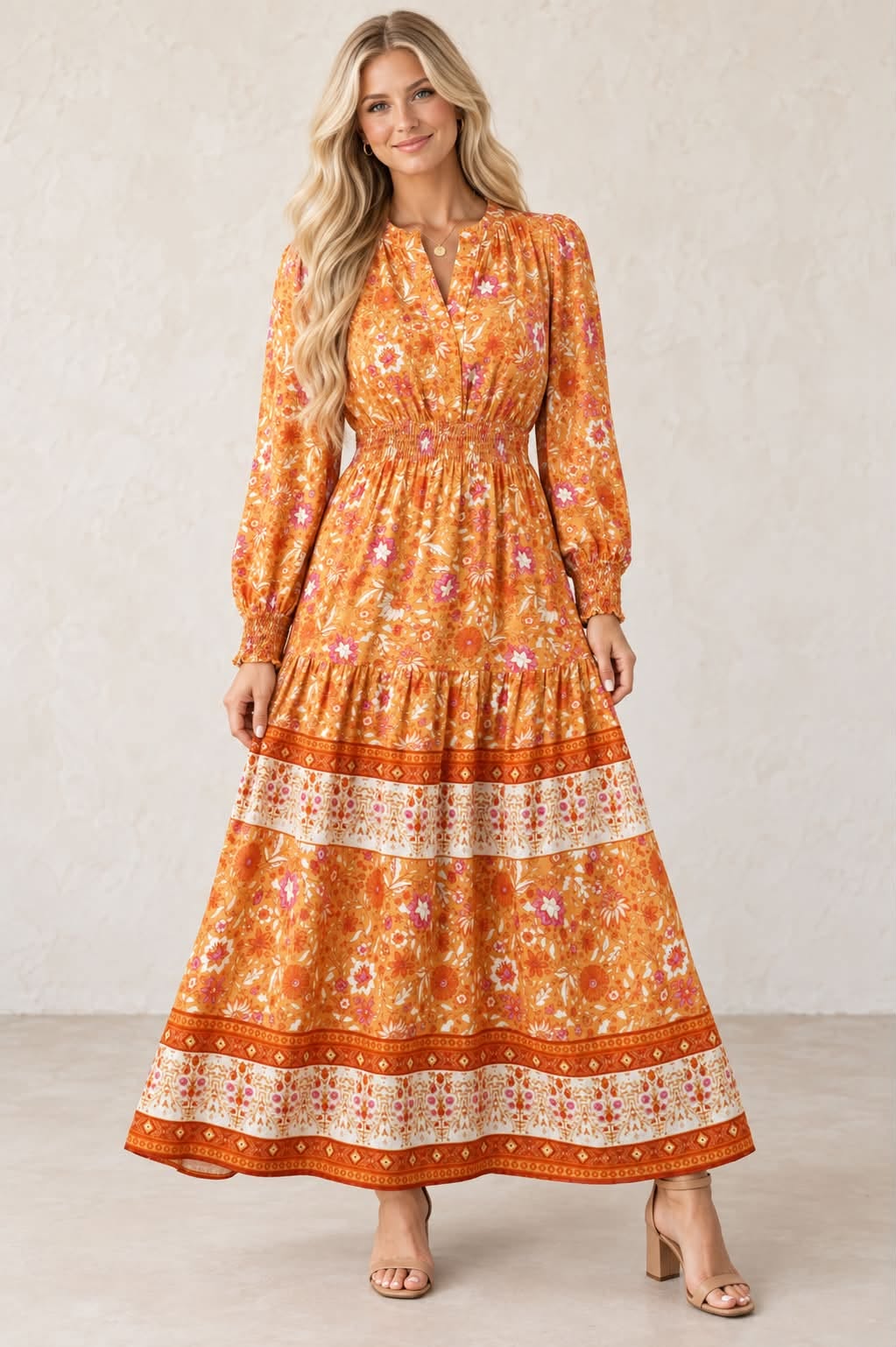Orange Floral Smocked Dress