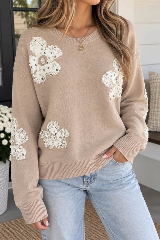 Gray Beaded Floral Sweater
