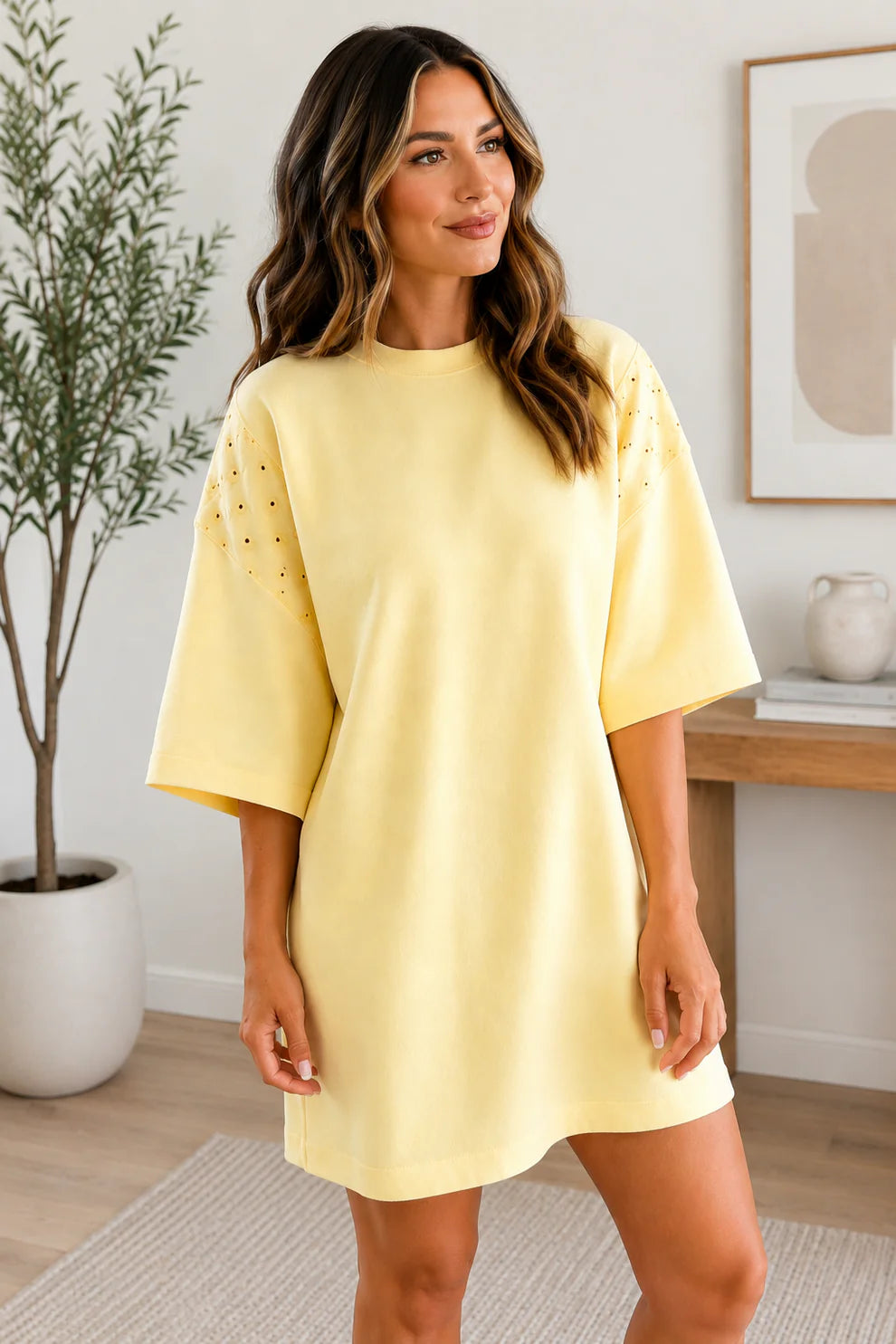 Yellow Eyelet Embroidered Shirt Dress